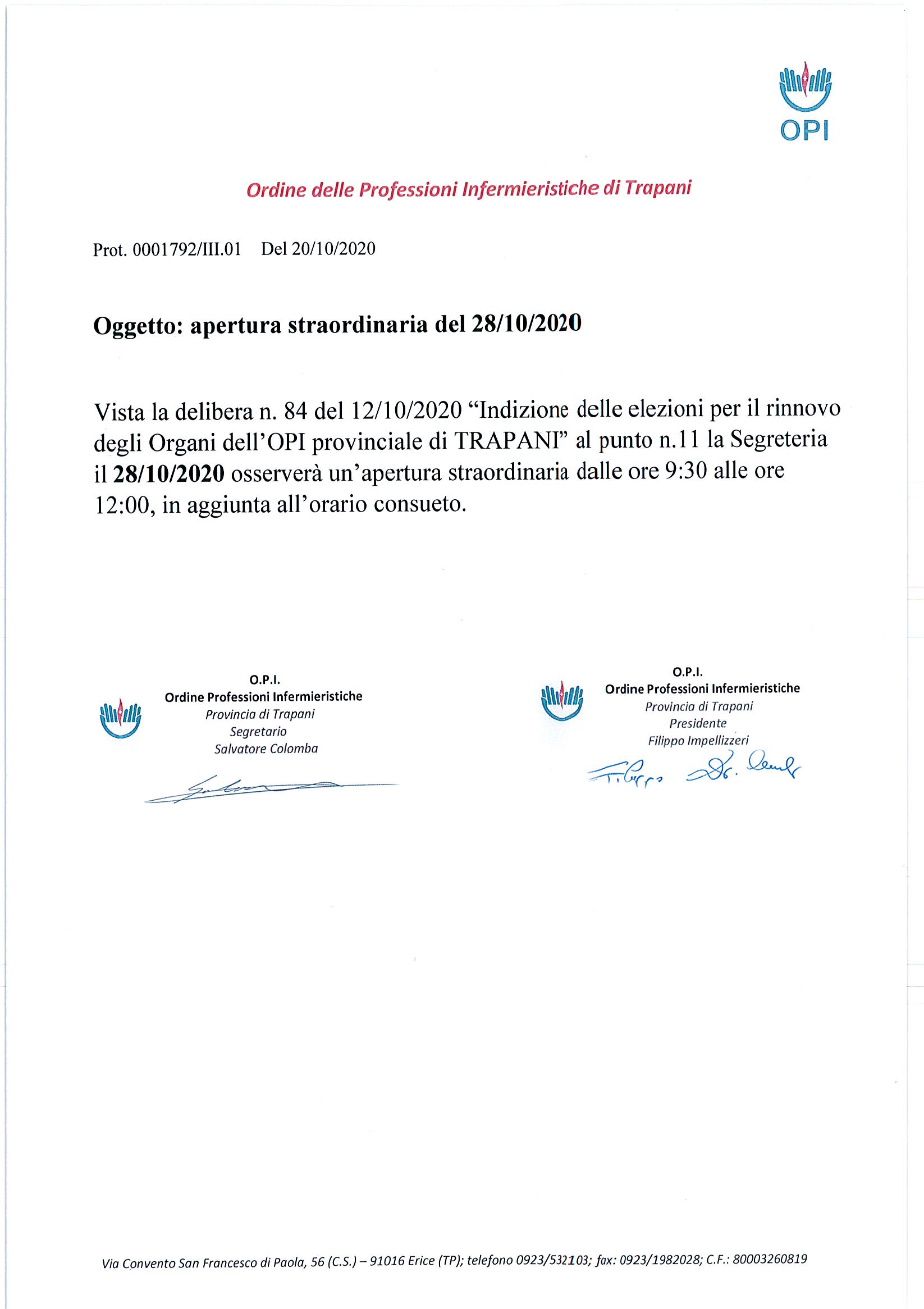 Apertura straordinaria del 28/10/2020