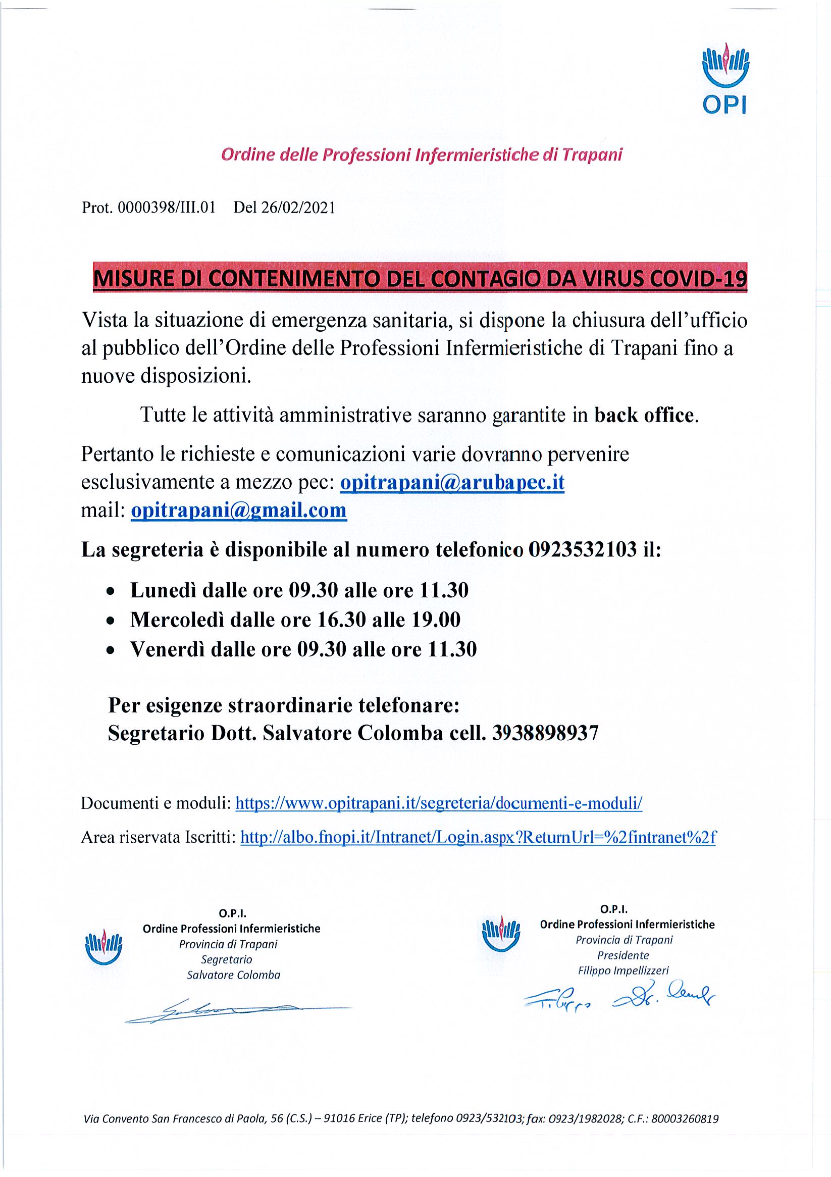 MISURE DI CONTENIMENTO DEL CONTAGIO DA VIRUS COVID-19